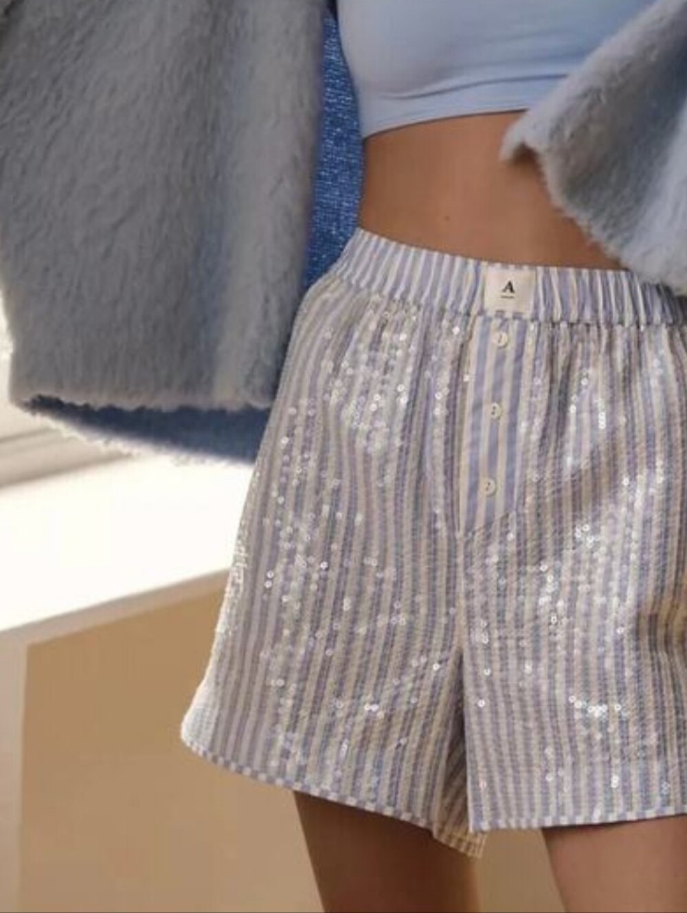 NWT Size Small Anthropologie Wren Boxer Shorts Sequin Striped Blue